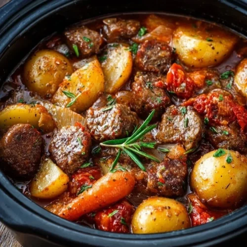 A variety of hearty crockpot stew and casserole dishes ready to serve.