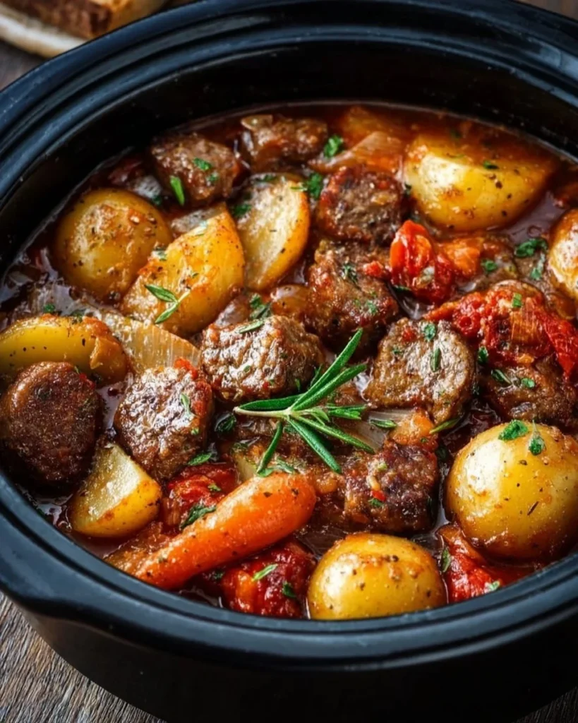 A variety of hearty crockpot stew and casserole dishes ready to serve.