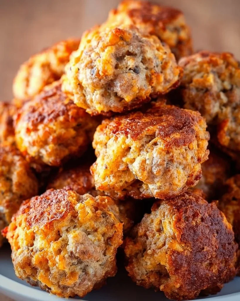 A plate of homemade 3-ingredient Bisquick sausage balls ready to enjoy.