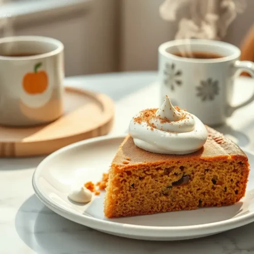 3 ingredient pumpkin spice cake flatlay on white marble