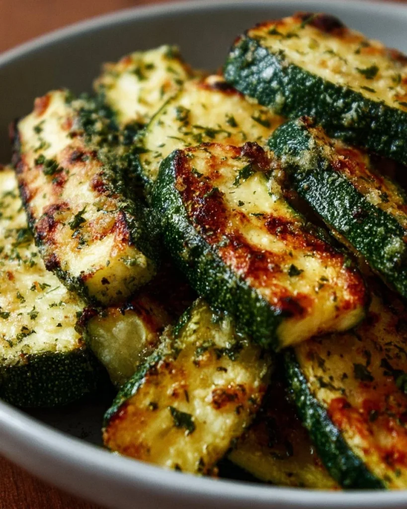 Crispy air-fried zucchini slices seasoned and ready to enjoy.