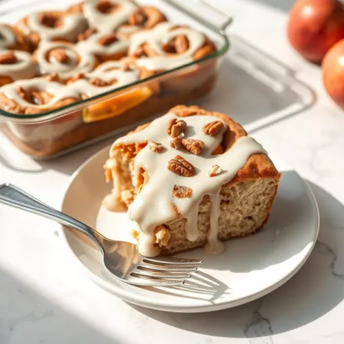 Warm Apple Cinnamon Roll Bake on white marble table