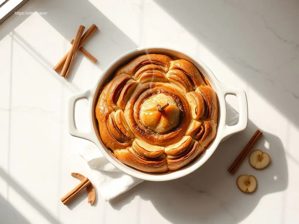 Warm Apple Cinnamon Roll Bake on white marble table