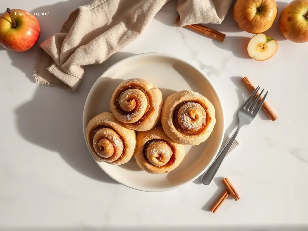 Apple Cinnamon Overnight Rolls flatlay on white marble