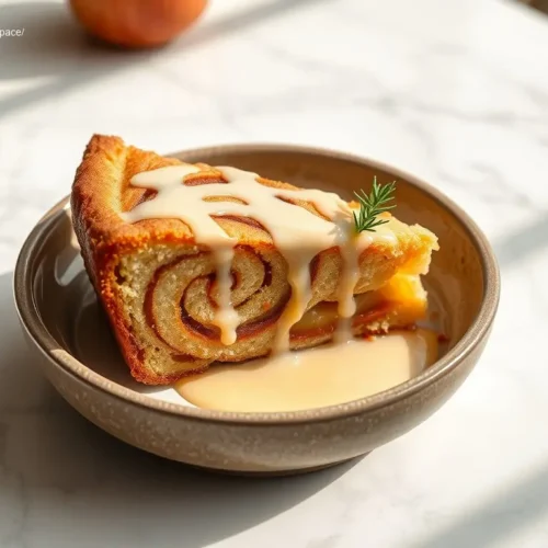 Apple Pie Cinnamon Roll Cake on a white marble table