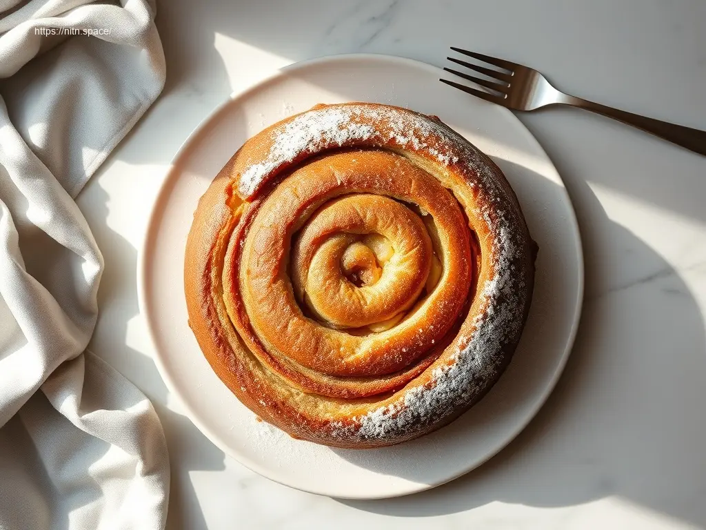 Apple Pie Cinnamon Roll Cake on a white marble table