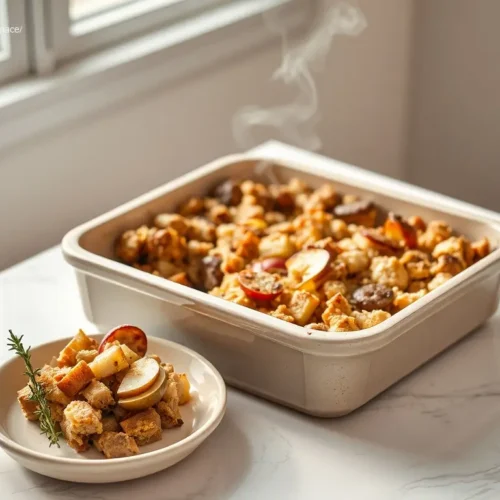 Delicious Apple and Sausage Stuffing Bake overhead shot