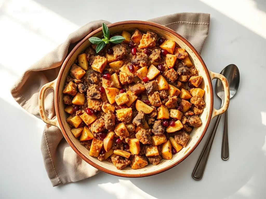 Delicious Apple and Sausage Stuffing Bake overhead shot