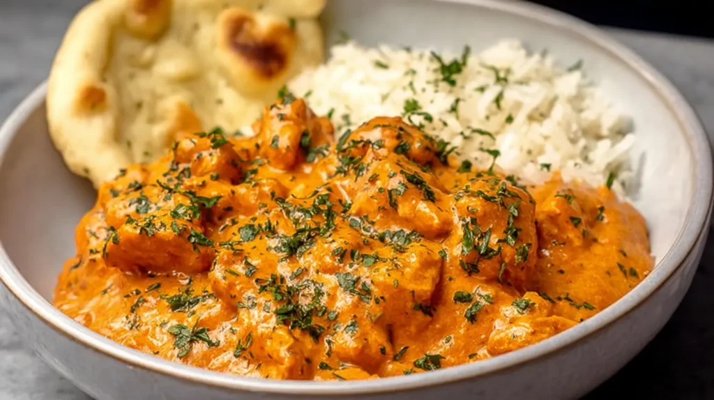 Authentic Indian butter chicken served with rice and naan bread