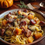 Autumn Sausage Pasta Squash dish served in a bowl with herbs
