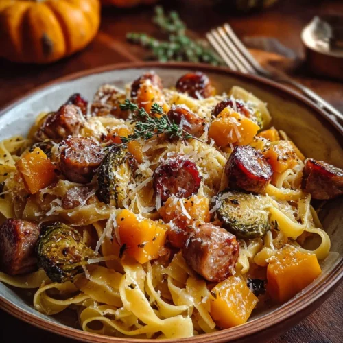 Autumn Sausage Pasta Squash dish served in a bowl with herbs