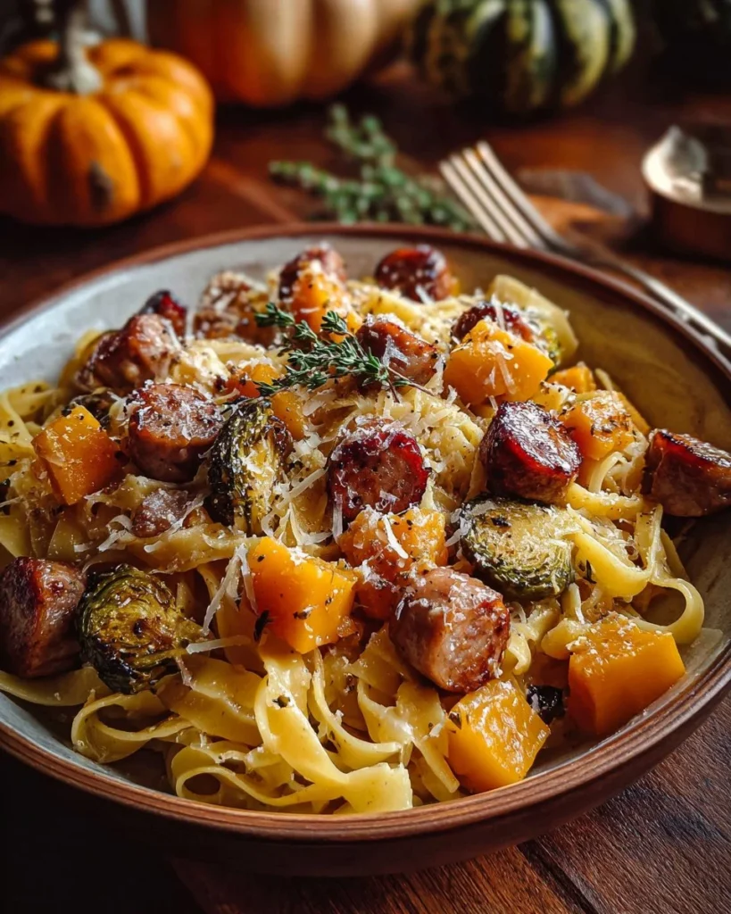 Autumn Sausage Pasta Squash dish served in a bowl with herbs