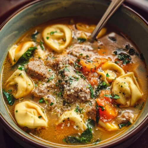 Bowl of Autumn Tortellini Soup with Sausage topped with fresh herbs