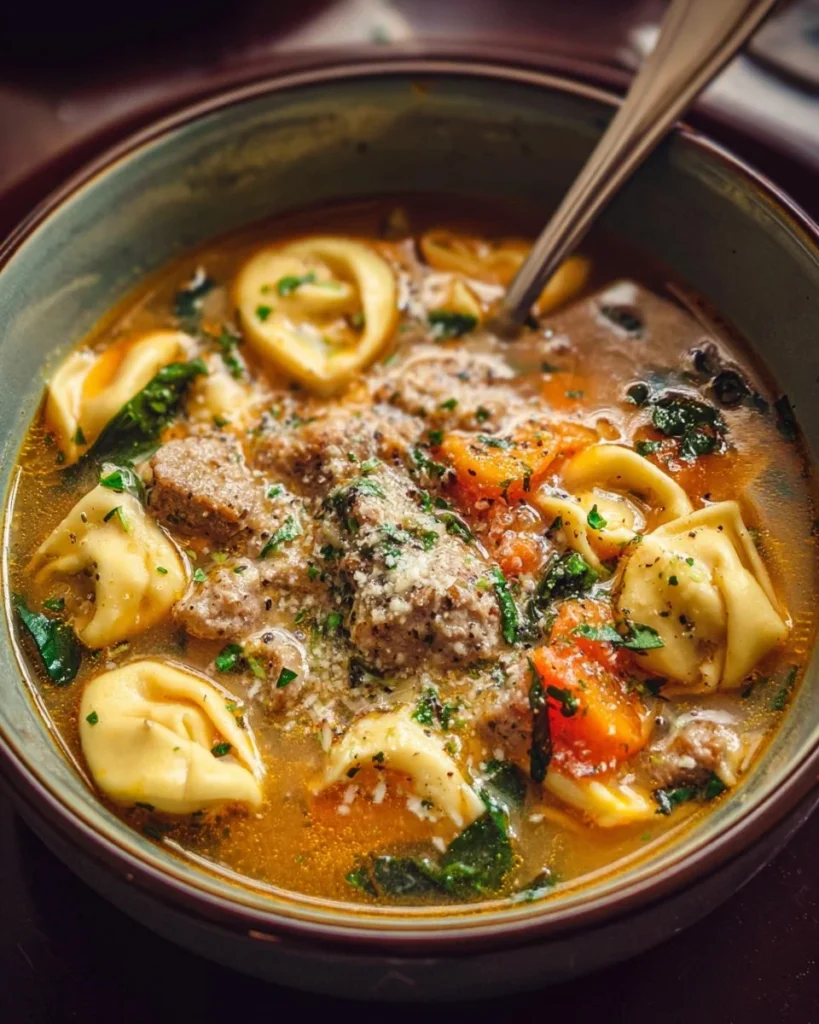Bowl of Autumn Tortellini Soup with Sausage topped with fresh herbs