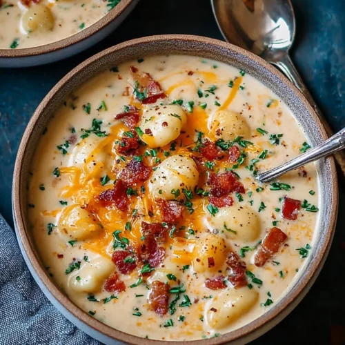 Bacon Cheddar Gnocchi Soup in a bowl garnished with herbs