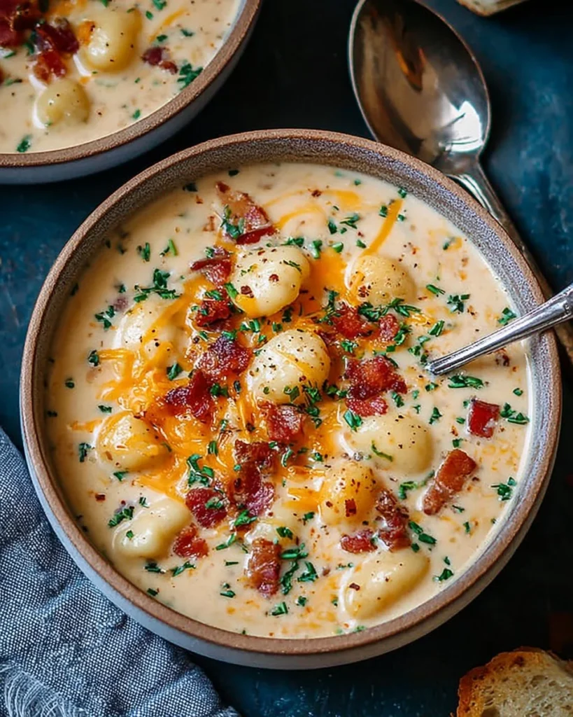 Bacon Cheddar Gnocchi Soup in a bowl garnished with herbs