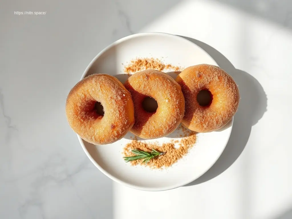 Baked brioche donuts with cinnamon sugar on a white plate
