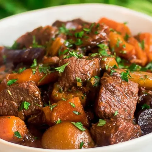 A rich Beef Bourguignon cooked in a slow cooker, served in a rustic bowl.