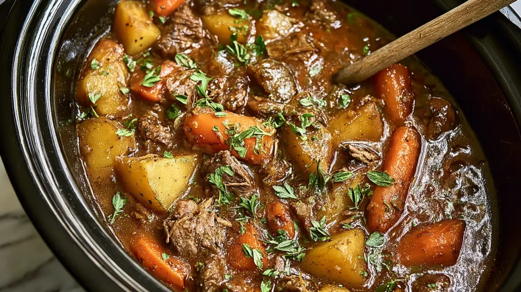 Various slow cooker meals cooking inside a ceramic pot.