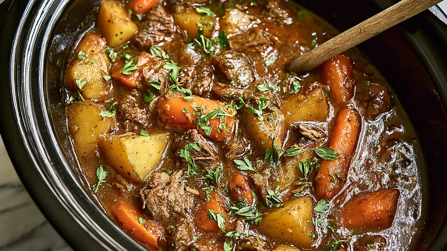 Various slow cooker meals cooking inside a ceramic pot.