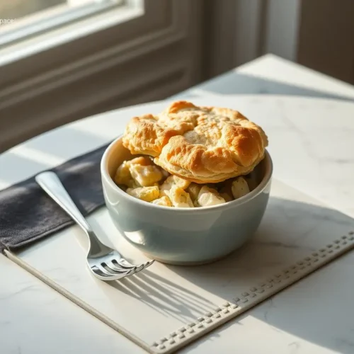 Delicious Biscuit-Topped Chicken Pot Pie on marble table
