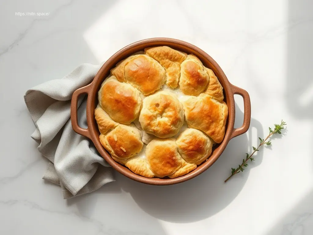 Delicious Biscuit-Topped Chicken Pot Pie on marble table