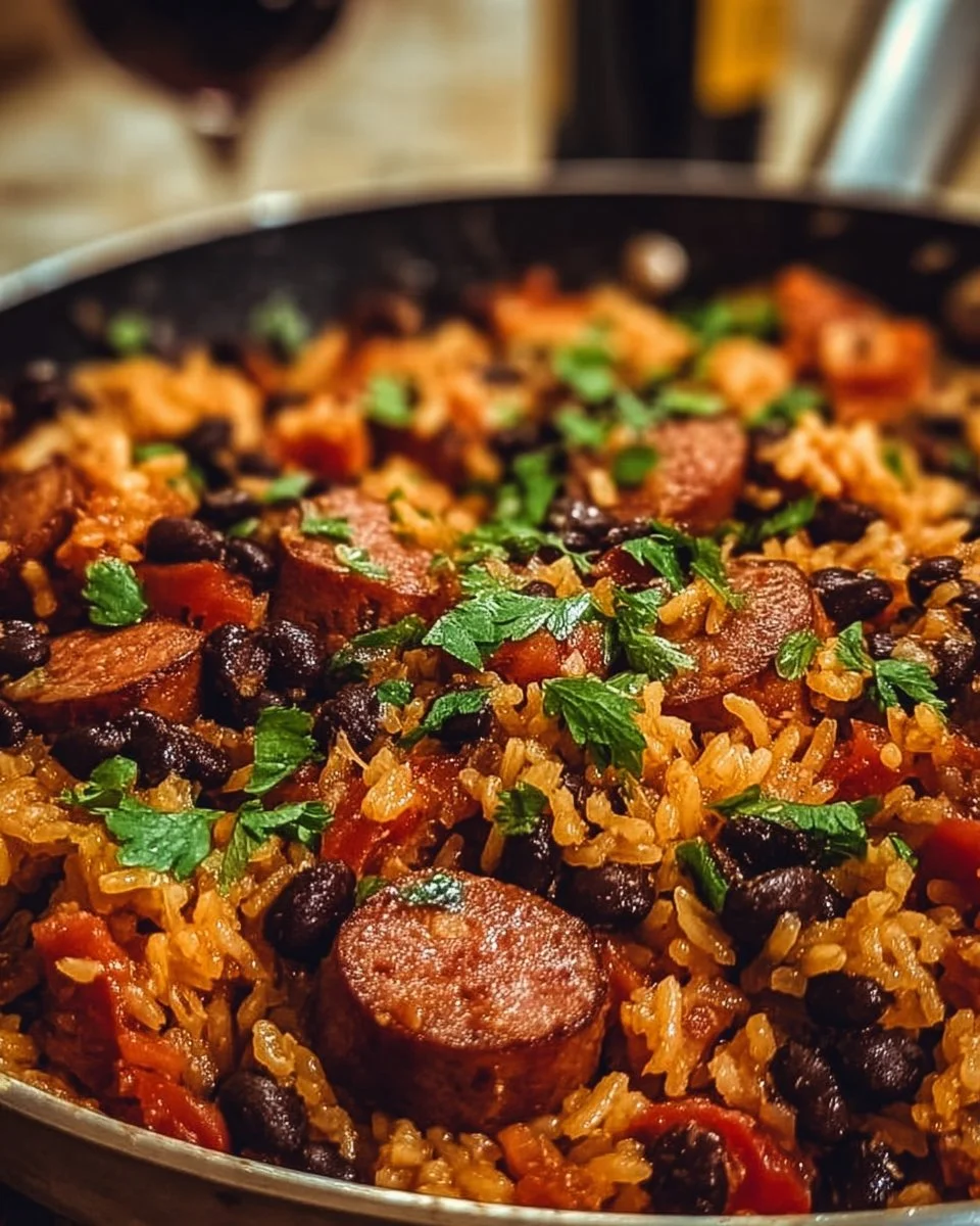 Delicious black beans and rice served with sausage in a colorful dish