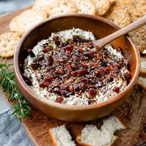 Boursin cheese fig dip appetizer in a serving bowl with fresh figs and crackers.