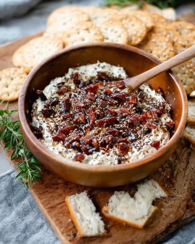 Boursin cheese fig dip appetizer in a serving bowl with fresh figs and crackers.