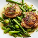 A serving of braised chicken with tender green asparagus spears on a plate.