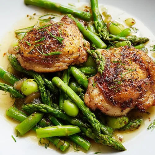 A serving of braised chicken with tender green asparagus spears on a plate.