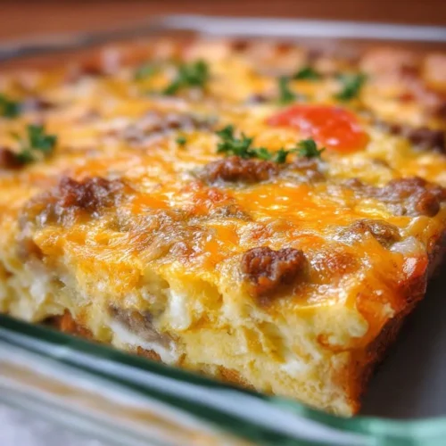 Delicious breakfast casserole with eggs, cheese, and vegetables