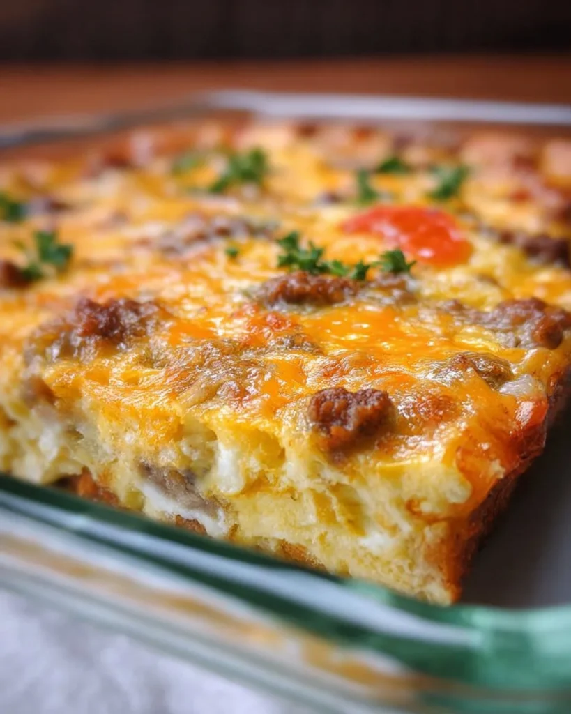Delicious breakfast casserole with eggs, cheese, and vegetables