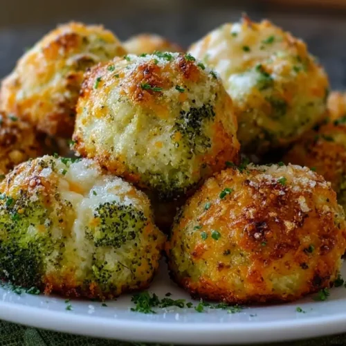 A platter of freshly baked broccoli cheese balls with a golden crust.