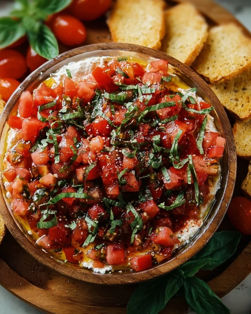 Colorful bruschetta dip served with toasted bread pieces as an appetizer.