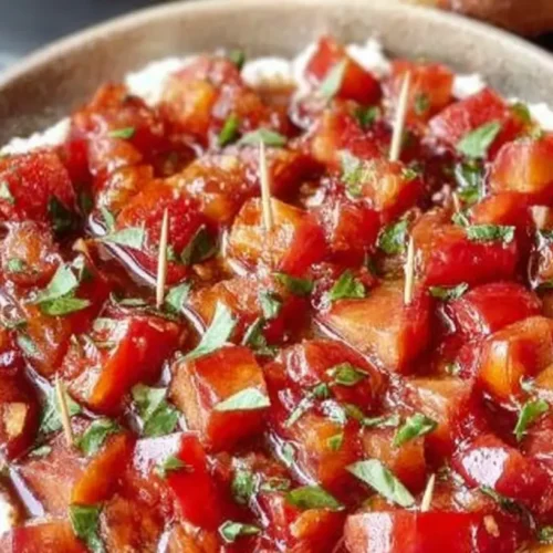 A bowl of vibrant bruschetta appetizers dip with fresh tomatoes and herbs.