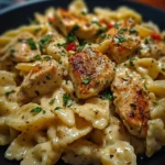 A delicious serving of Cajun Chicken Pasta with colorful vegetables and creamy sauce.