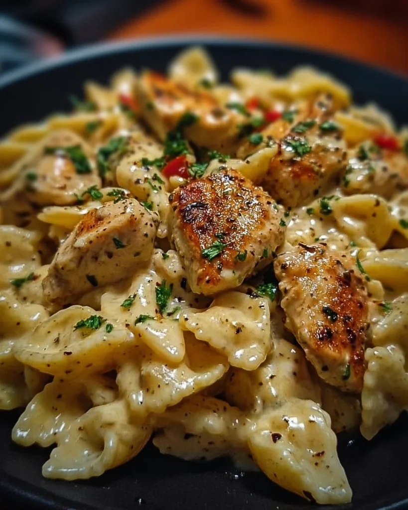 A delicious serving of Cajun Chicken Pasta with colorful vegetables and creamy sauce.