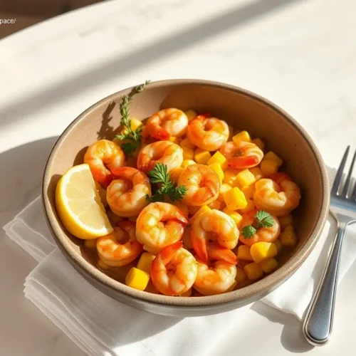 Delicious Cajun Garlic Butter Shrimp with Corn in an overhead shot