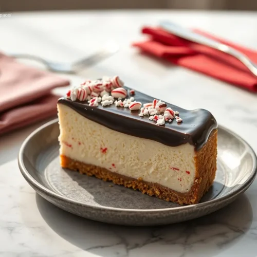Delicious candy cane cheesecake with chocolate ganache