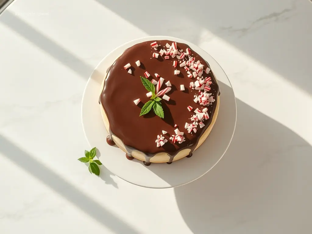 Delicious candy cane cheesecake with chocolate ganache