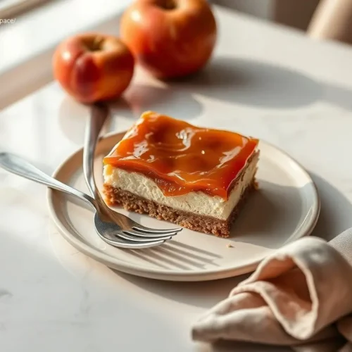 Delicious Caramel Apple Cheesecake Bars on a white marble table