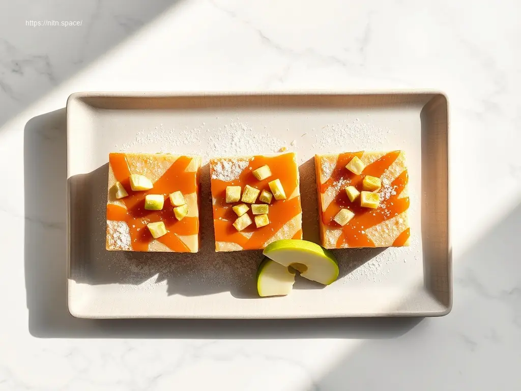 Delicious Caramel Apple Cheesecake Bars on a white marble table