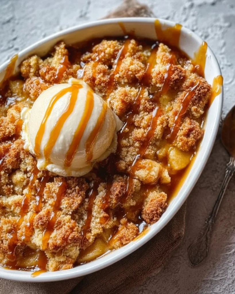 Delicious Caramel Apple Dump Cake topped with caramel and apple slices