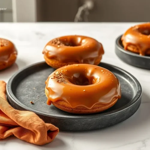 Delicious Caramel Pumpkin Spice Donuts on a white plate