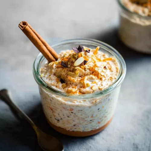 Delicious Carrot Cake Overnight Oats topped with nuts and spices