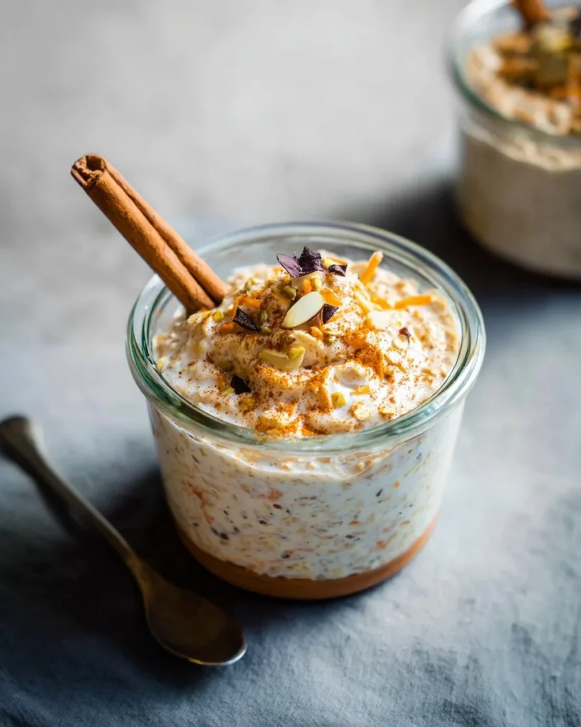 Delicious Carrot Cake Overnight Oats topped with nuts and spices