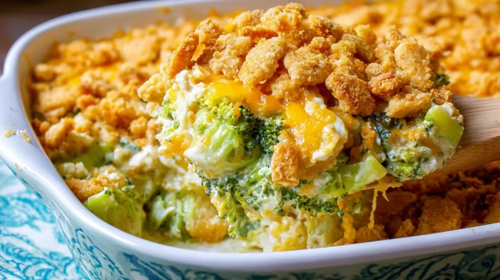 Close-up of a rich, cheesy broccoli casserole topped with breadcrumbs.