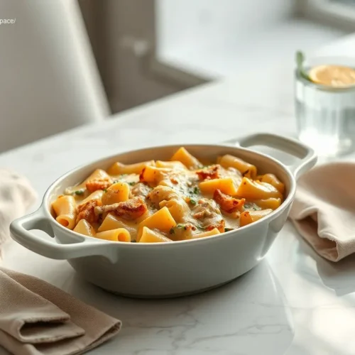 Cheesy Chicken Pot Pie Pasta Bake overhead flatlay