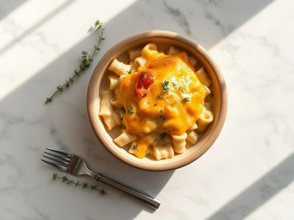 Cheesy Chicken Pot Pie Pasta Bake overhead flatlay